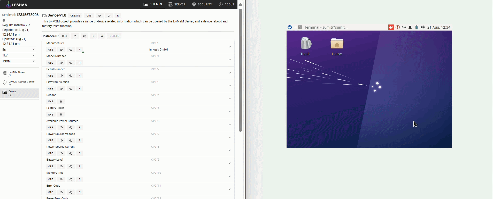 Image showing the LwM2M server executing reboot command for device Image showing the LwM2M server executing reboot command for device