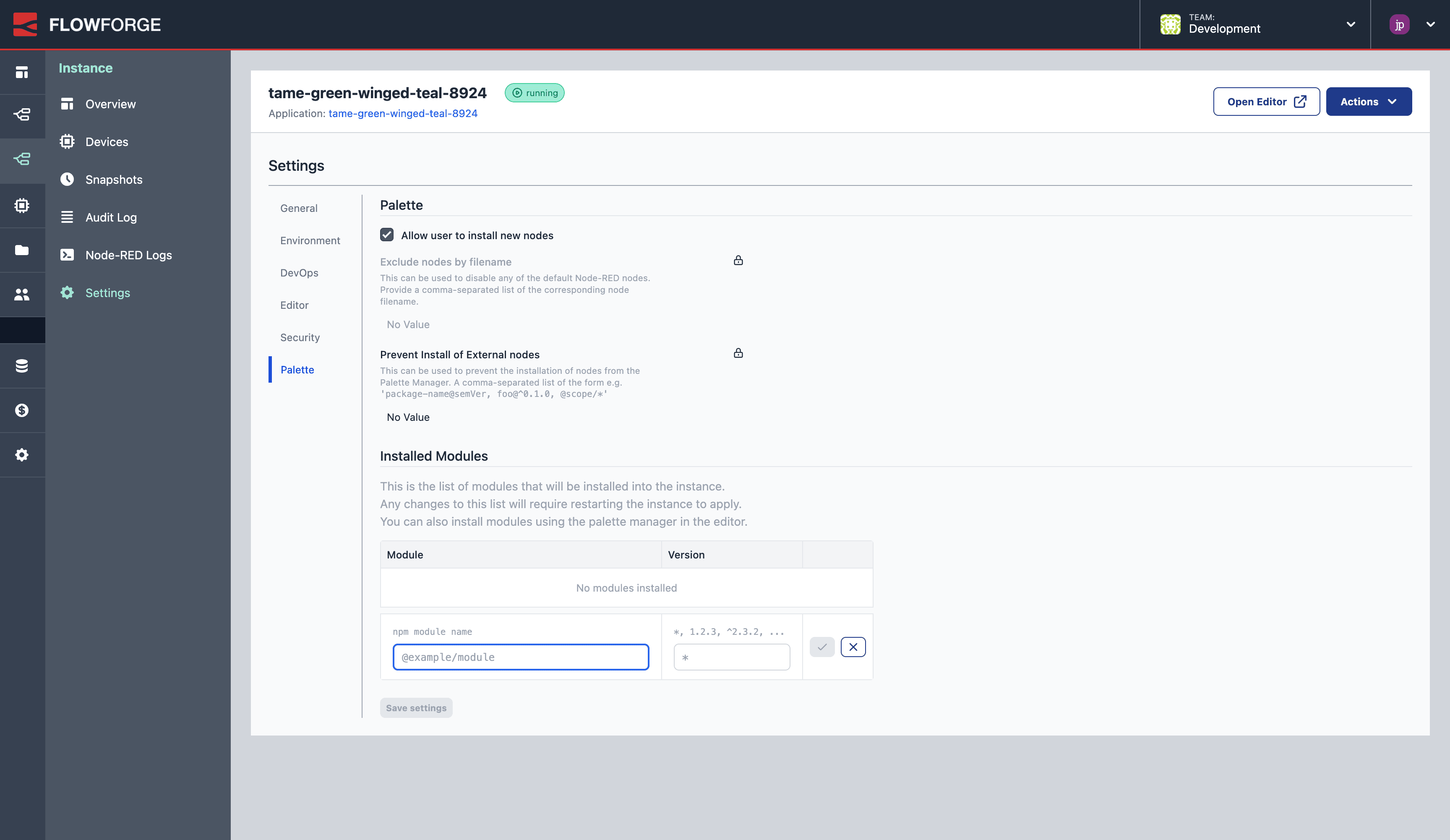 Screenshot of FlowFuse's "Installed Modules" option in Instance > Settings > Palette