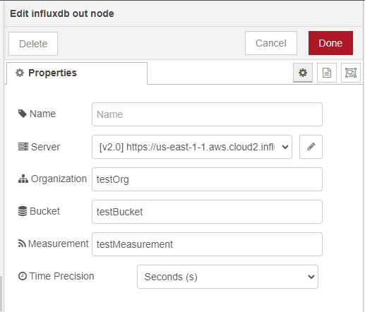 "Screenshot showing the influxdb-out node config"