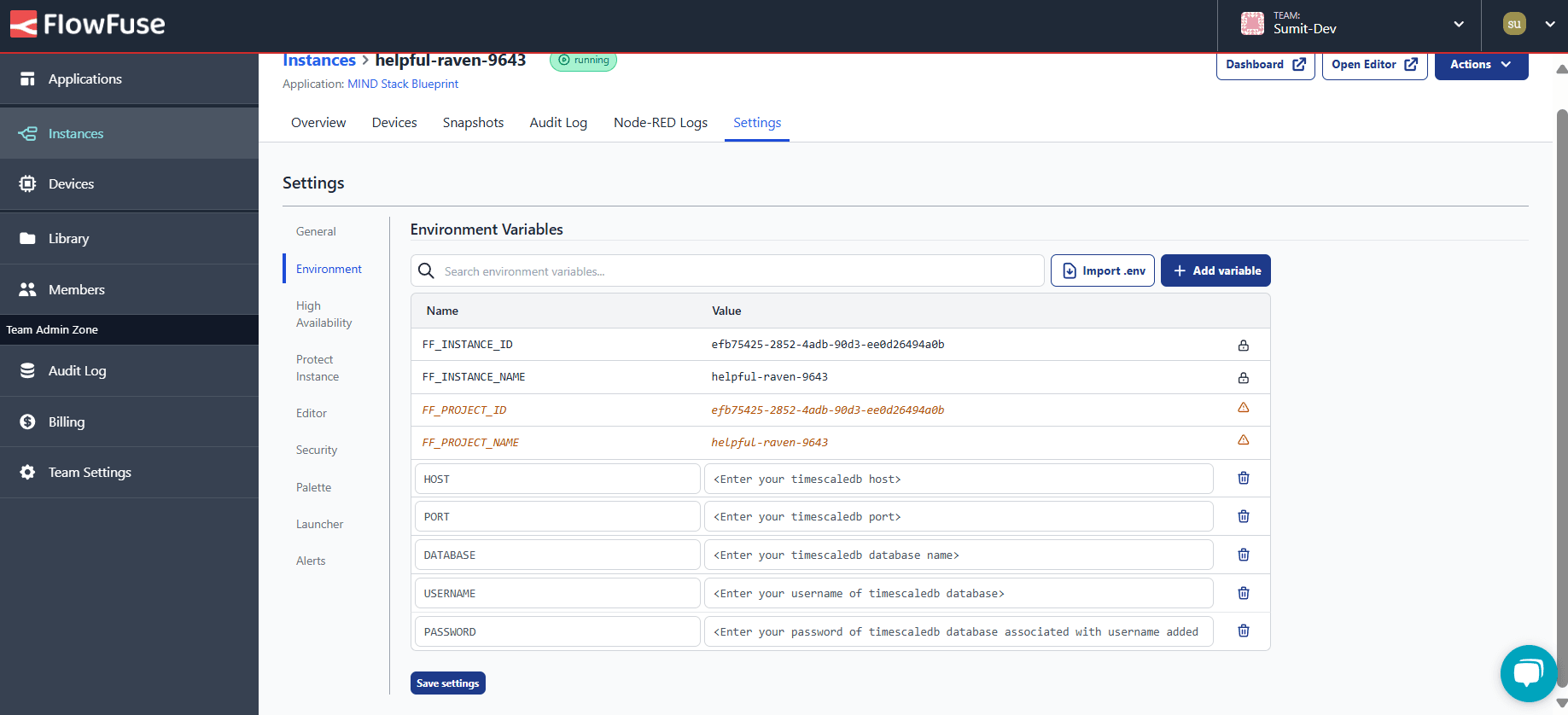 Screenshot the FlowFuse instance setting's environment tab "Screenshot the FlowFuse instance setting's environment tab"
